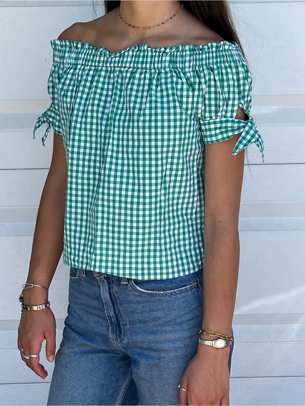 Off-Shoulder Green Gingham Tie-Sleeve Top. Size 00P for Juniors or women’s size.